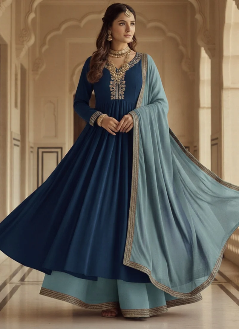 Green faux georgette beads work anarkali